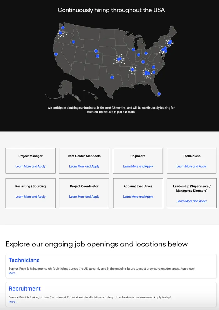 Screenshot of ServicePoint's new careers page