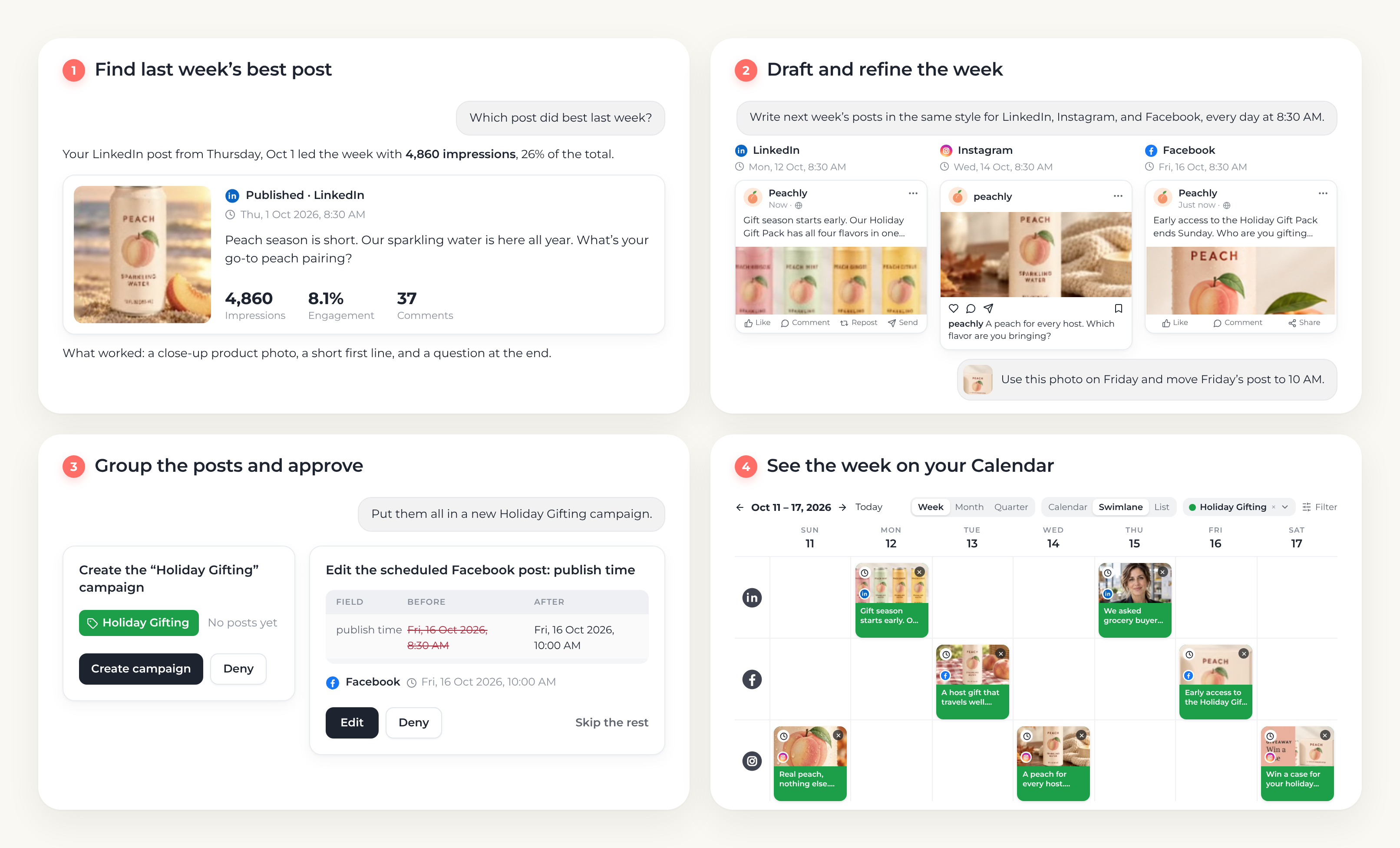 MorningAI Social Agent workflow for Peachly, from last week’s best post to next week’s drafts, approval cards, and the Calendar.