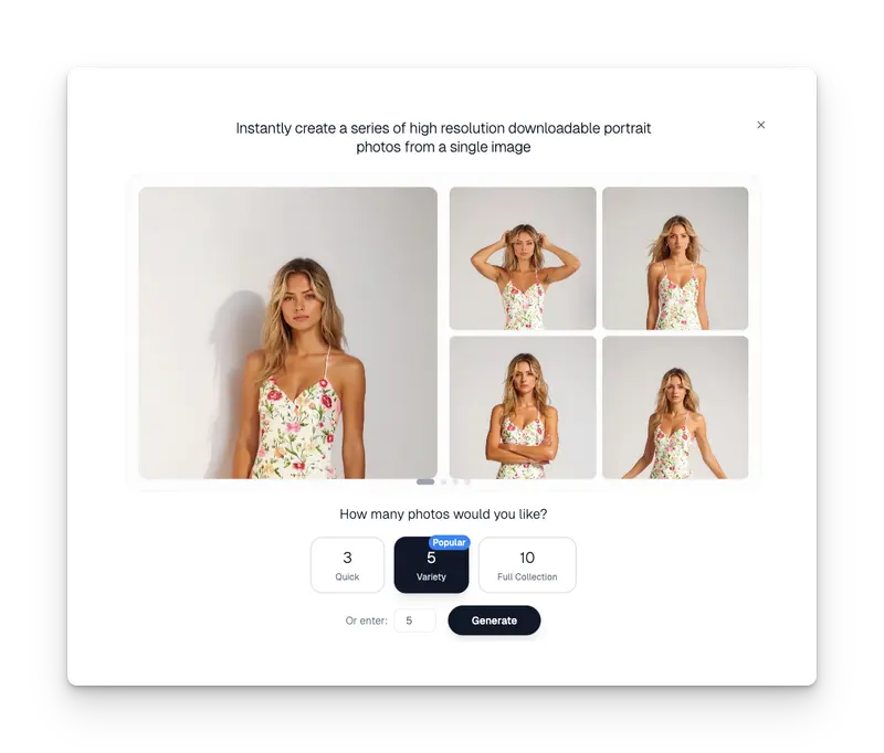 A preview interface for generating high-resolution portrait photos from a single image. It displays five variations of a female model in a floral dress with different poses and expressions. A slider and options to select 3, 5, or 10 images are below.