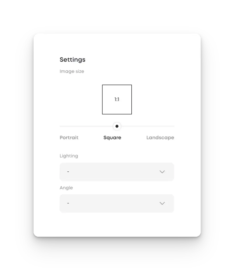 Image settings panel with options to select aspect ratio—portrait, square, or landscape—along with dropdowns for lighting and camera angle.