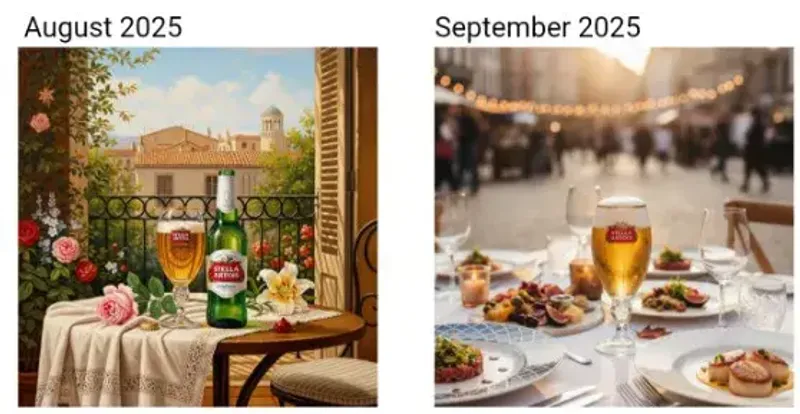 Side-by-side marketing comparison showing Stella Artois generated with MorningAI’s gen AI platform: August 2025 image features a romantic balcony table with flowers and a beer bottle, while September 2025 image shows a lively outdoor dinner party with food and Stella Artois served at a table. Demonstrates seasonal progression in generative AI marketing visuals.