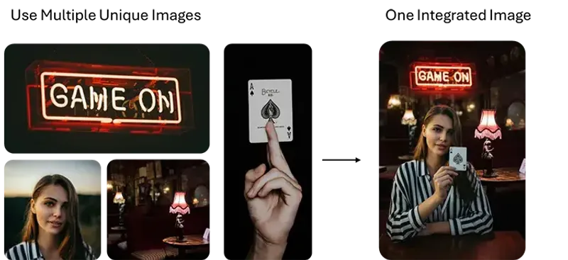 A composite of neon signage, playing cards, café interiors, and a woman holding an Ace of Spades, merged into one branded “Game On” campaign image, demonstrating MorningAI gen AI editing and marketing integration