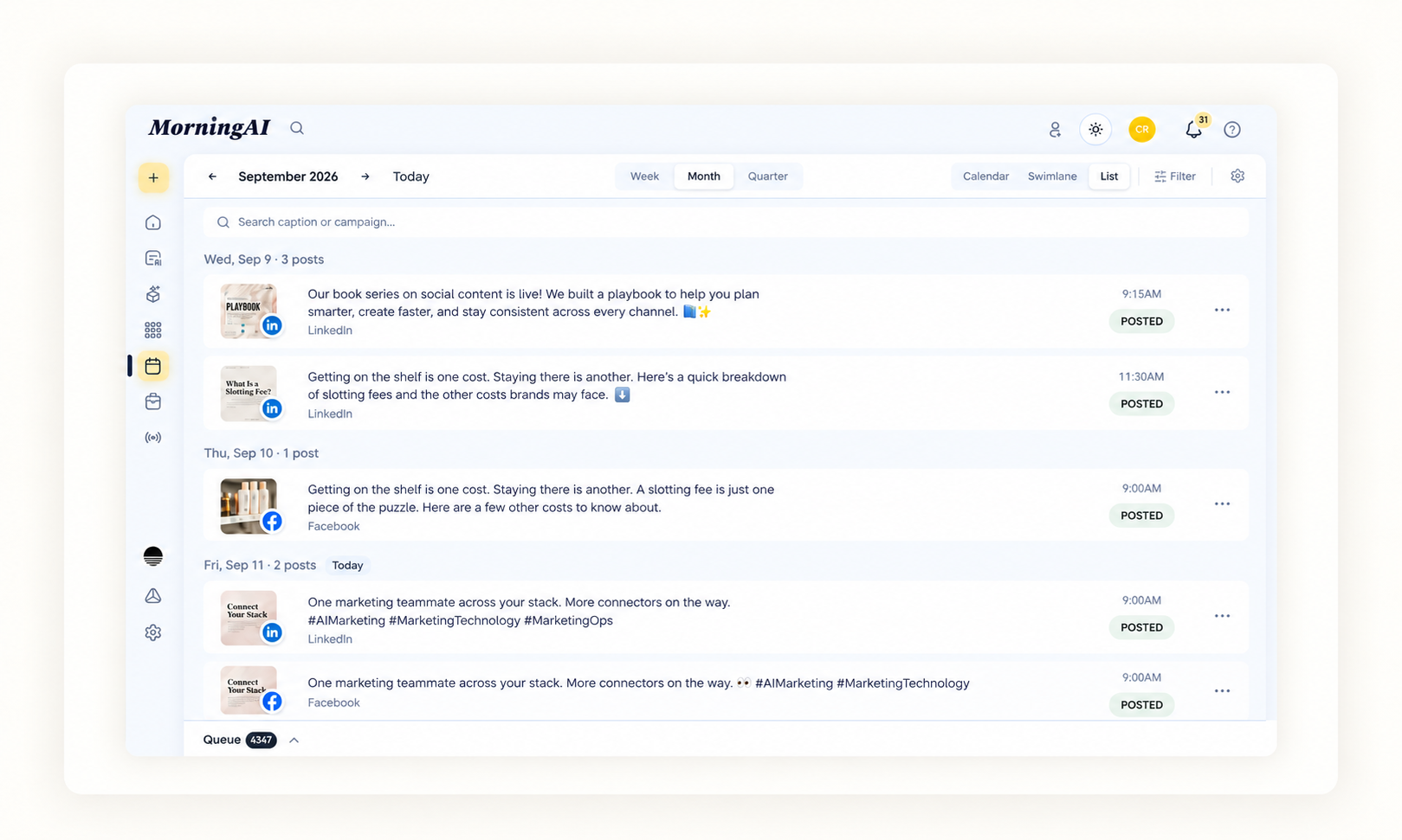 MorningAI Calendar in List view showing published social posts grouped chronologically by day.