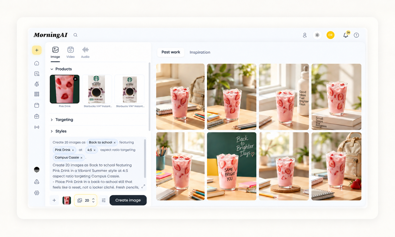 MorningAI Image Studio showing the image count set to 20 and a batch of generated images from one brief.