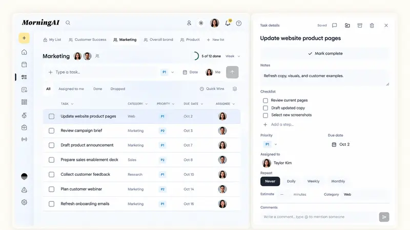 side-by-side, list view with a shared list on the left, task detail panel with checklist, repeat rule and comments on the right