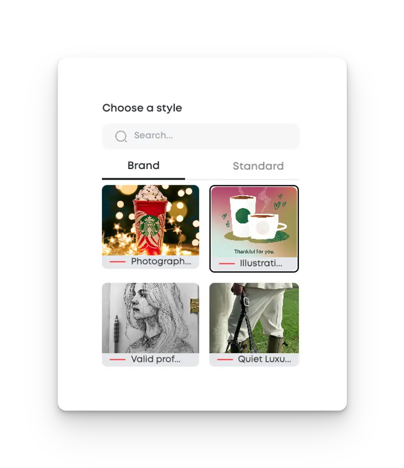Style selection panel showing visual style thumbnails labeled Photography, Illustration, Valid Professional Sketch, and Quiet Luxury Fashion.