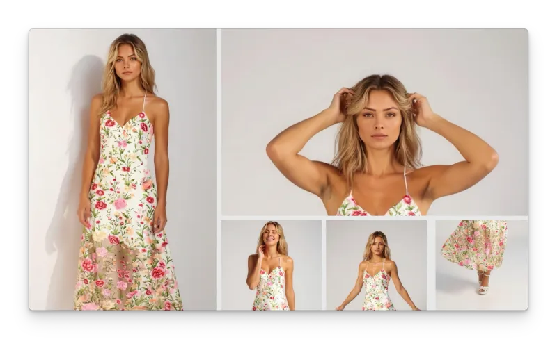 Collage of five high-resolution fashion photos featuring a female model wearing a white floral dress with pink, red, and green flower patterns. The images show various poses, including a full-body shot, a close-up with hands in hair, a candid smile, a confident front-facing stance, and a dynamic shot of the model's legs mid-walk showcasing the dress’s flow and movement.
