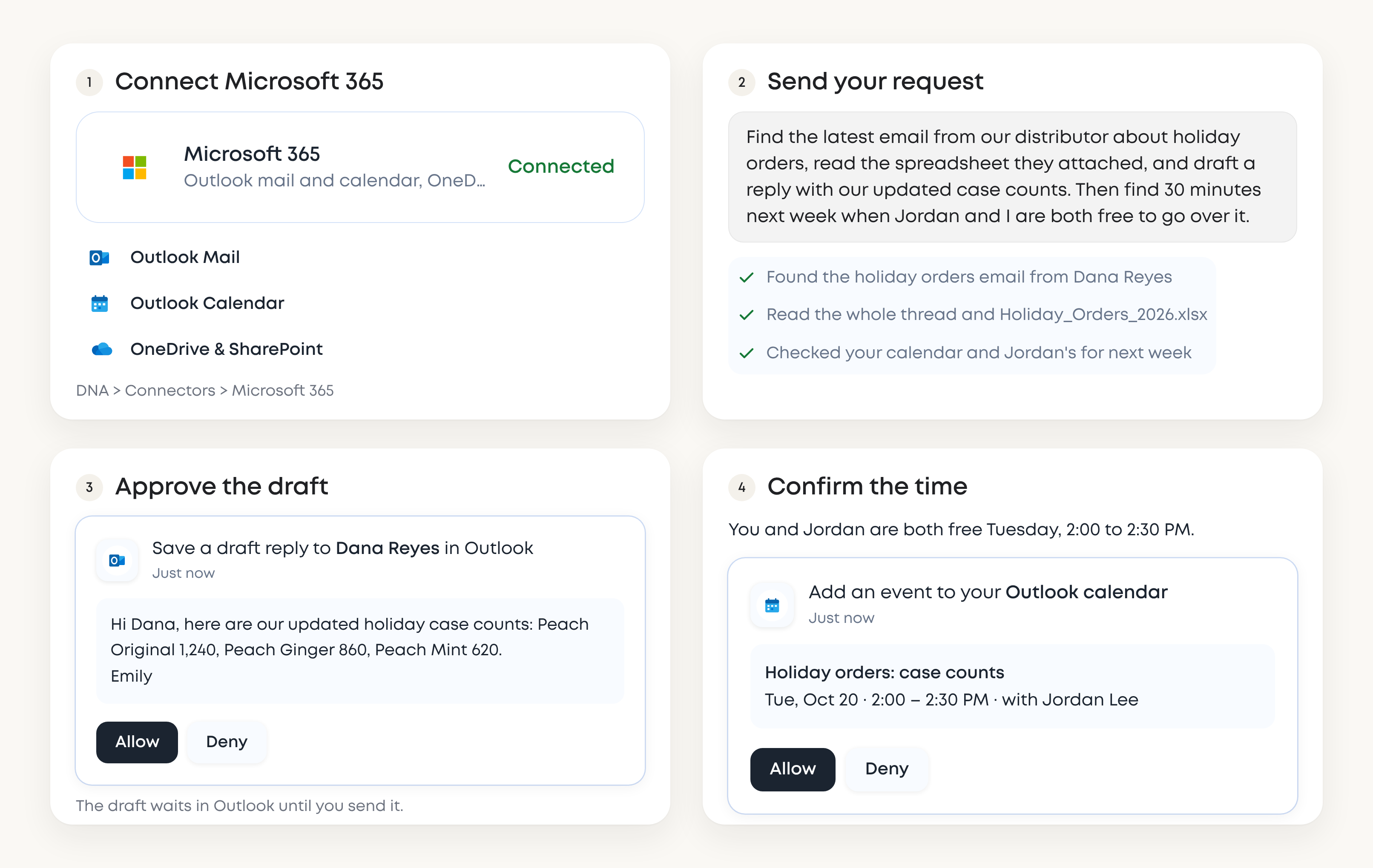 MorningAI Agent connected to Microsoft 365 for Peachly, reading a distributor email and its spreadsheet, then preparing an Outlook draft and a calendar event for approval.