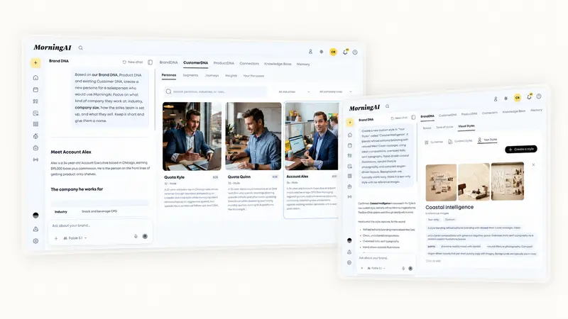MorningAI Agent Sidebar alongside customer personas in Customer DNA and visual styles in Brand DNA.
