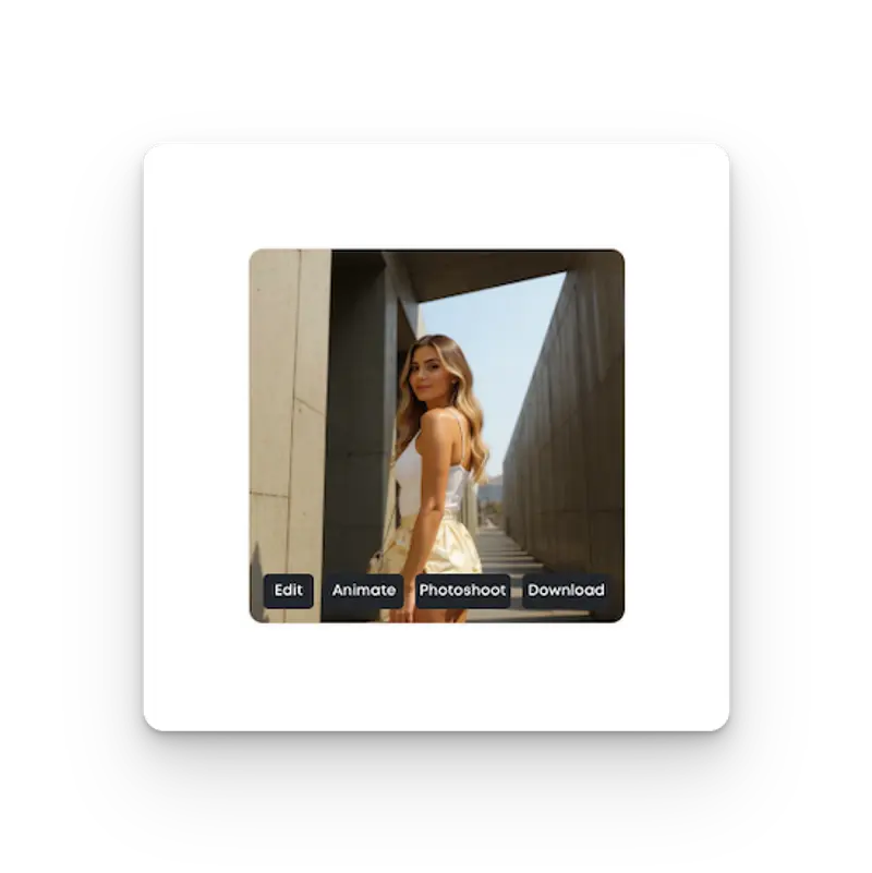 A generated image of a female model wearing a white top and gold shorts, walking through a modern concrete corridor. Below the image are four interactive buttons: Edit, Animate, Photoshoot, and Download.