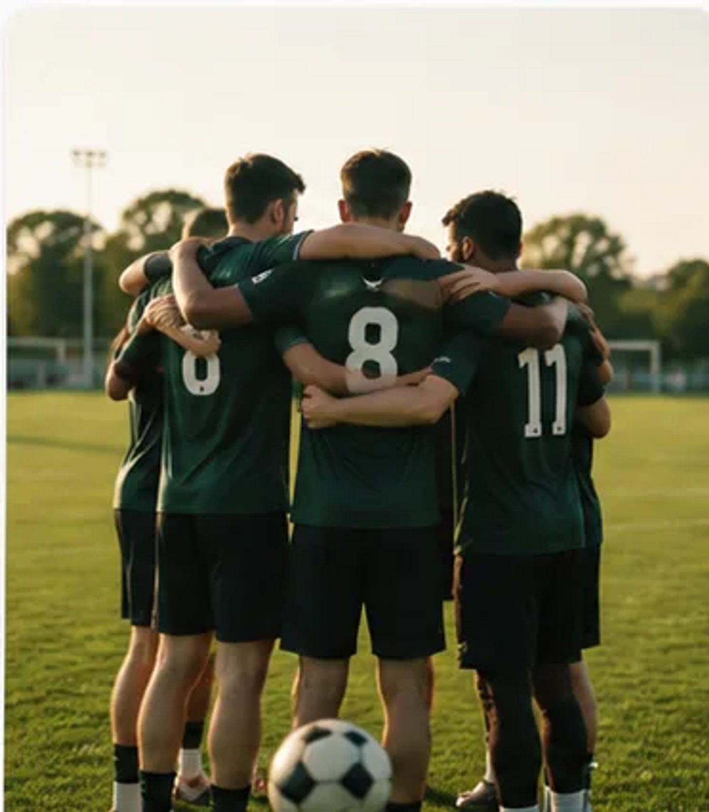 Une équipe de football réunie en cercle sur son terrain.