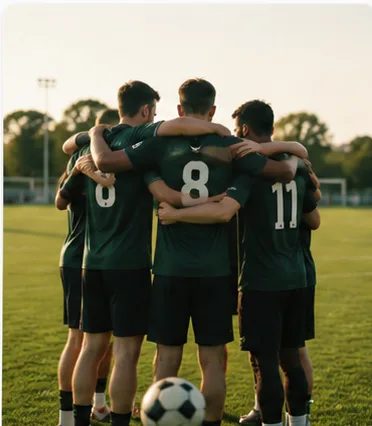 Une équipe de football réunie en cercle sur son terrain.