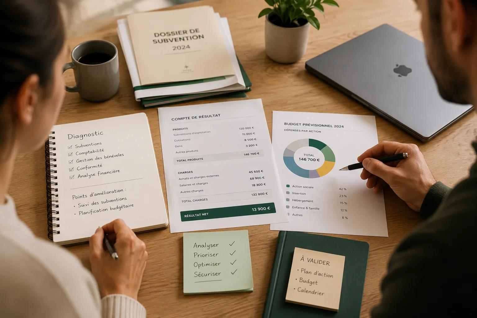 Des documents et notes de gestion sont organisés sur une table.