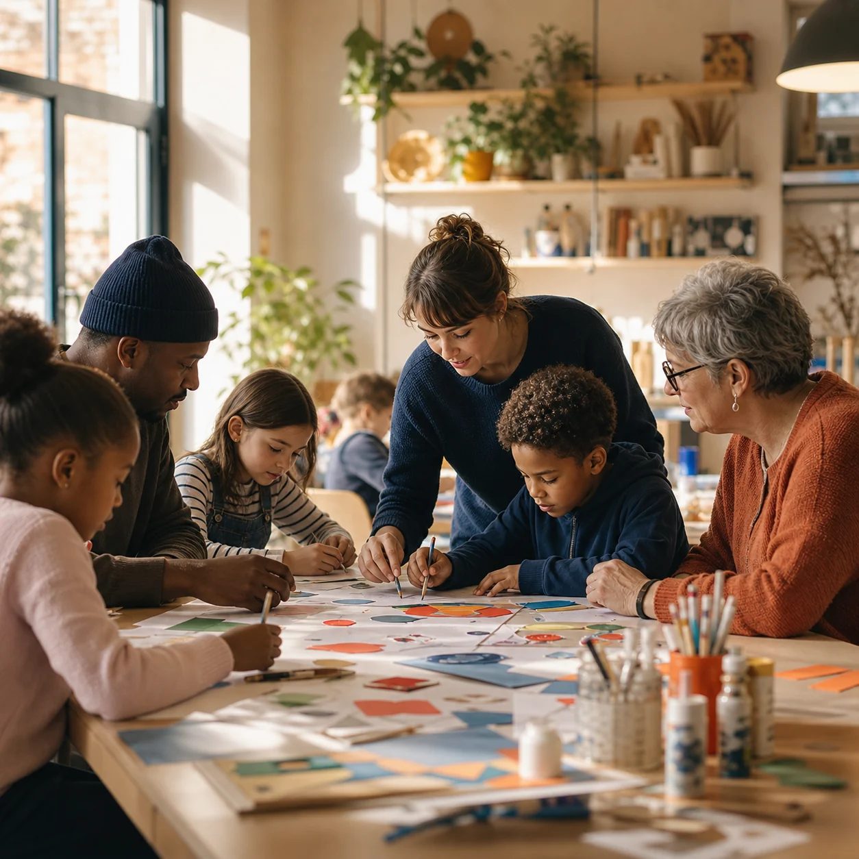 Des adultes et des enfants participent ensemble à un atelier créatif dans un centre social.