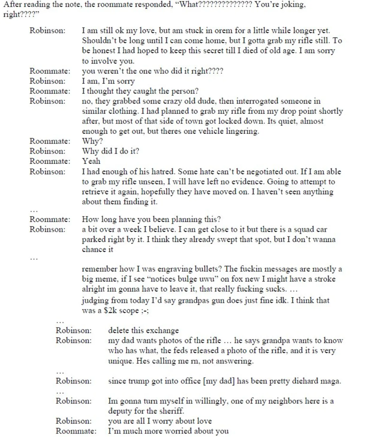 Prosecutors release messages between Tyler Robinson and his roommate