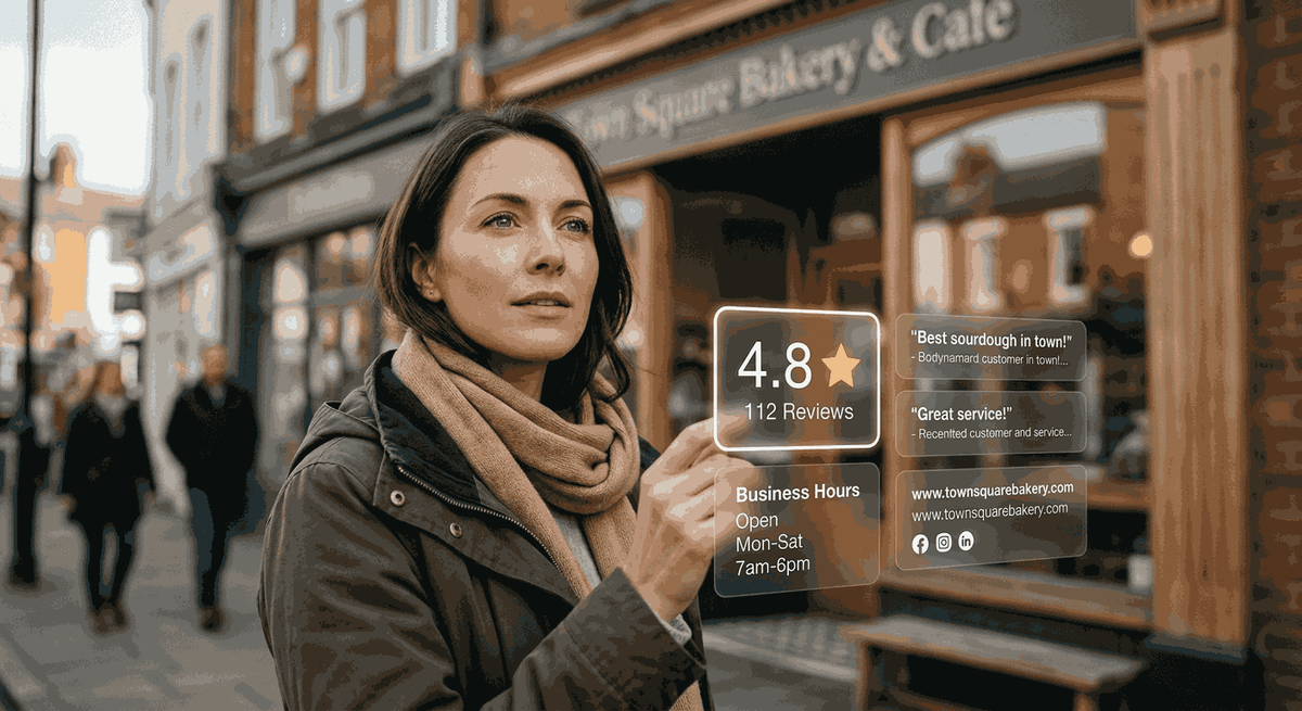 Customer Checking online trust signals of a local business