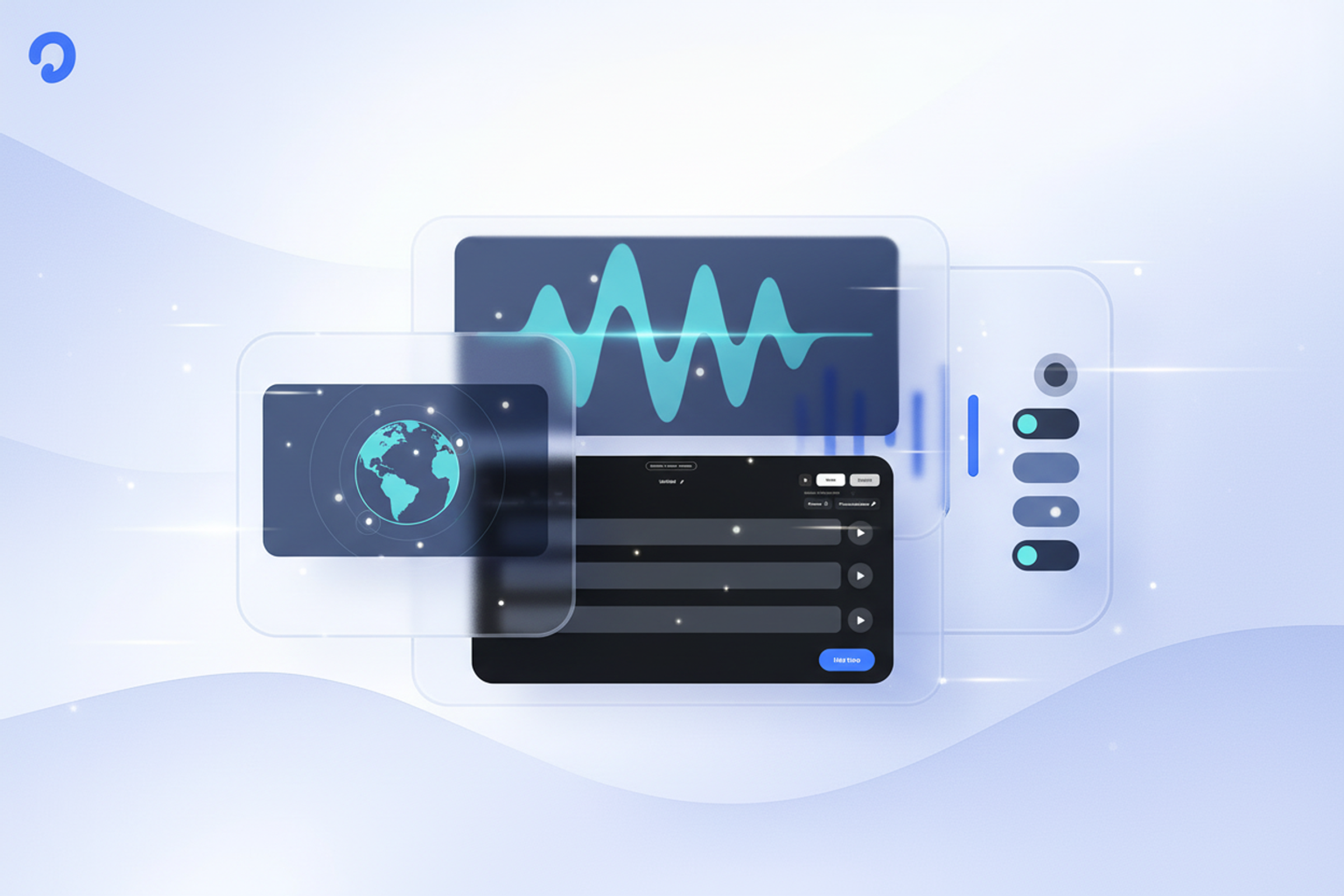Illustration of a text to speech editor with a sound waveform, script blocks, and a globe representing multilingual AI voices