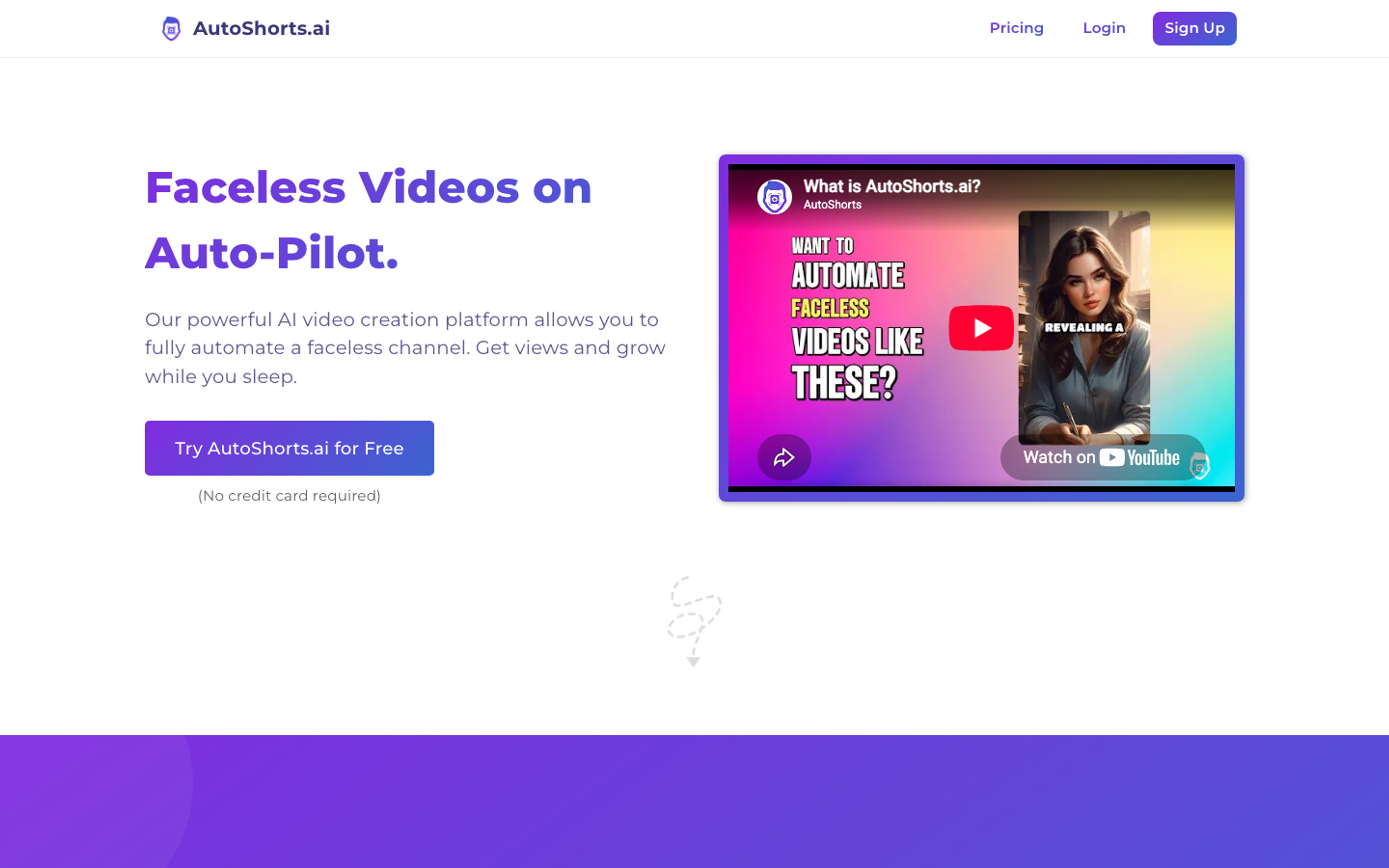 AutoShorts.ai homepage, faceless video generator for TikTok and YouTube