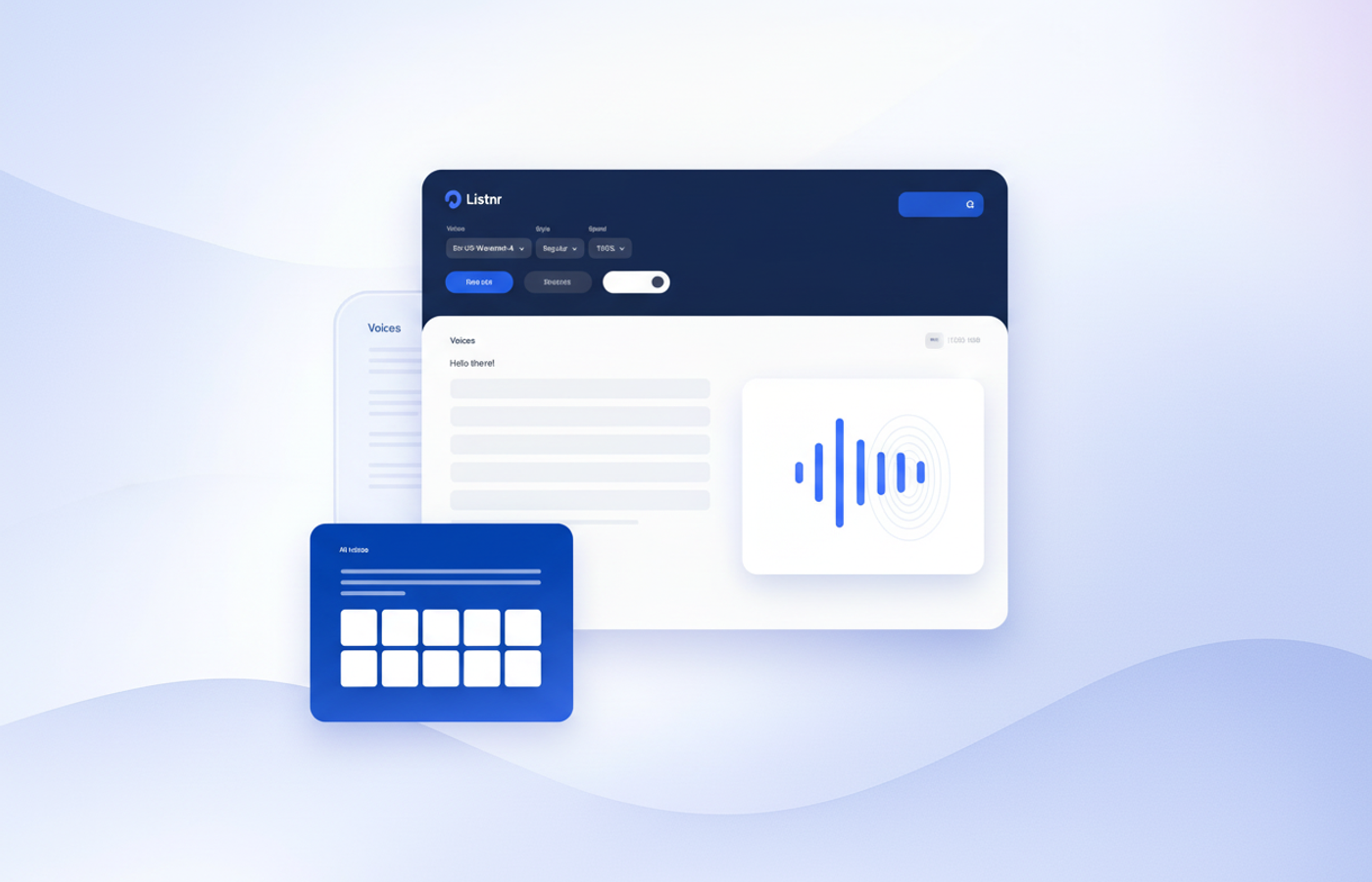 A text to speech editor with voice, style, and speed settings next to a generated speech waveform