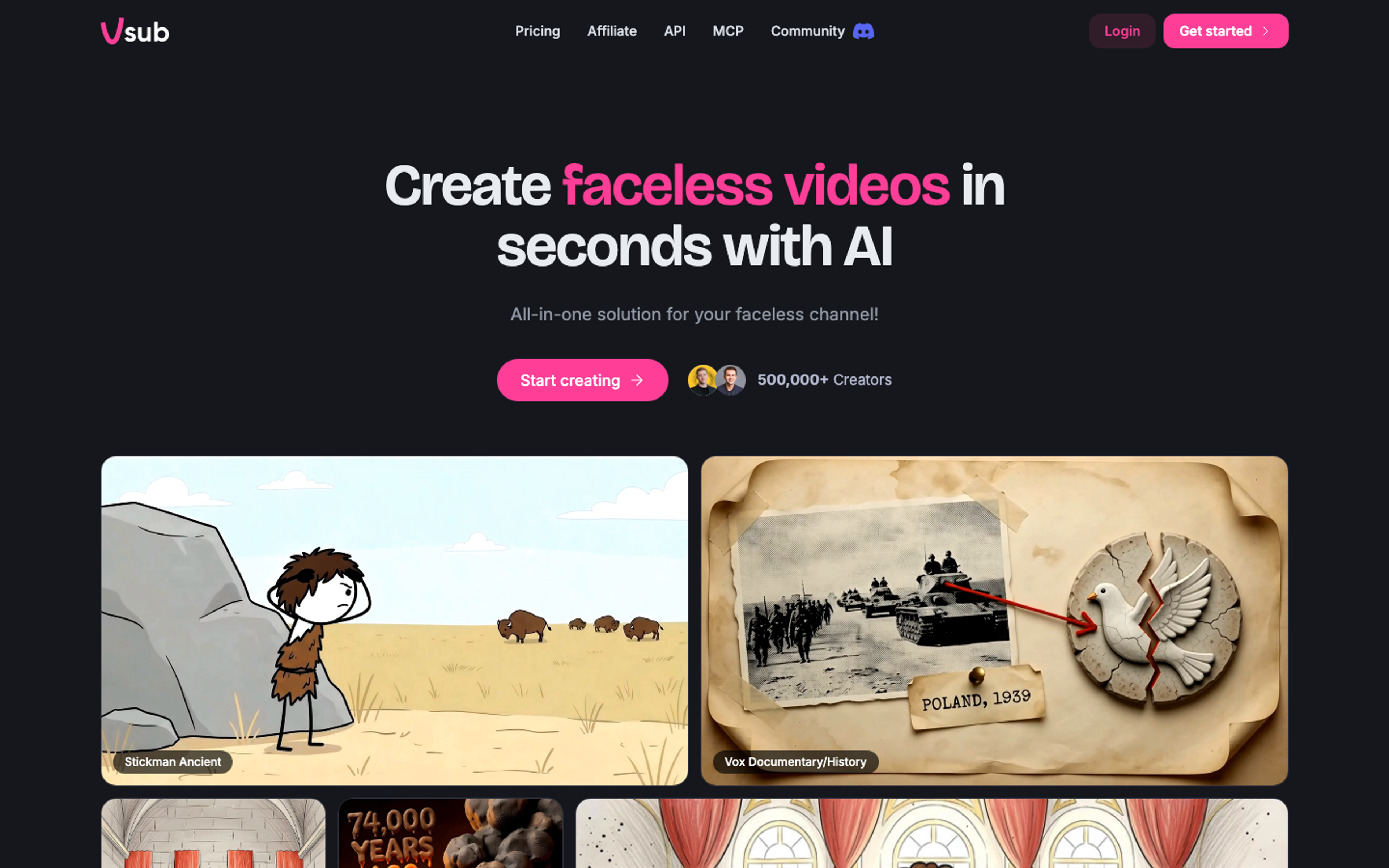 Vsub pricing page for the faceless video factory
