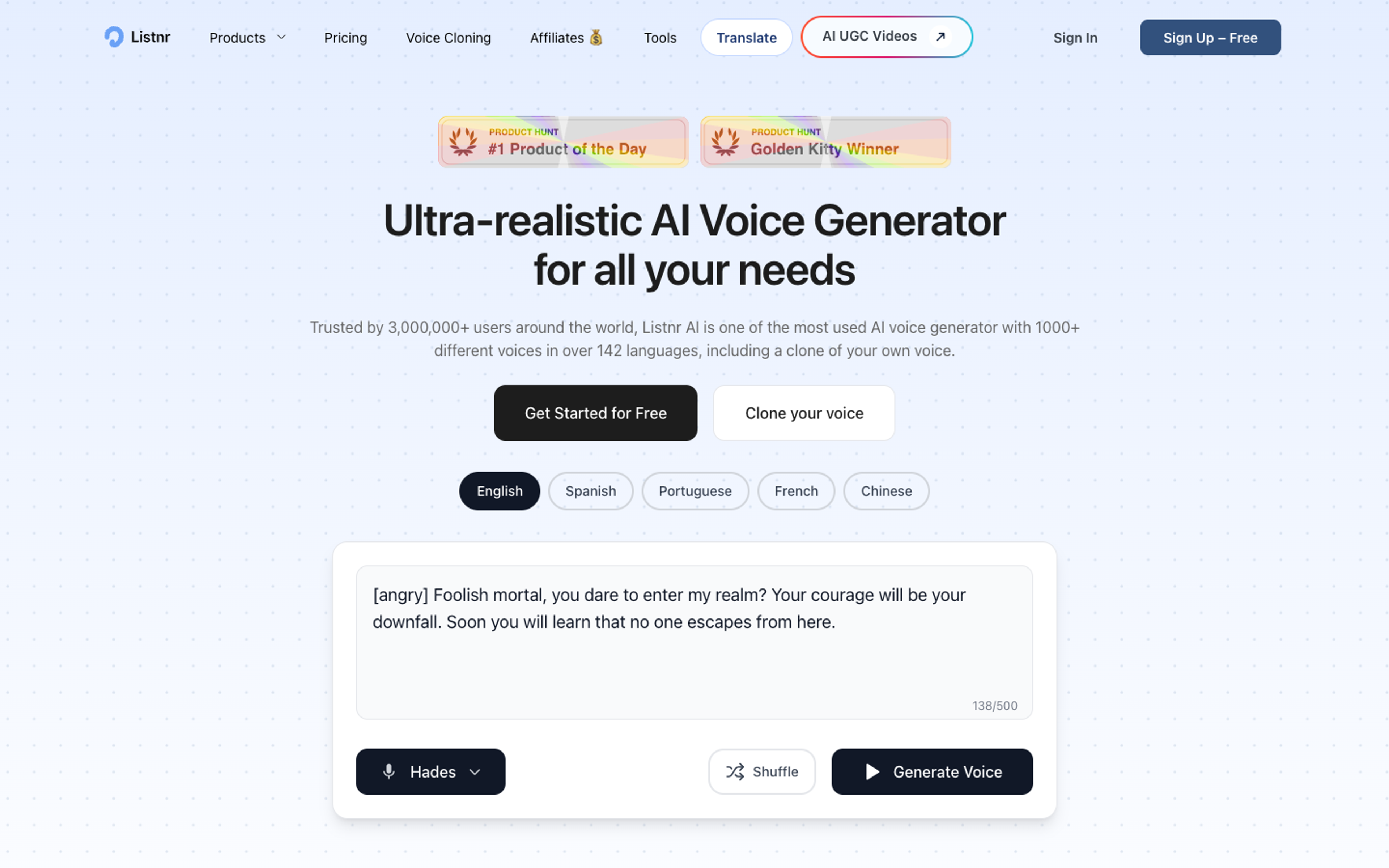 Listnr AI homepage screenshot
