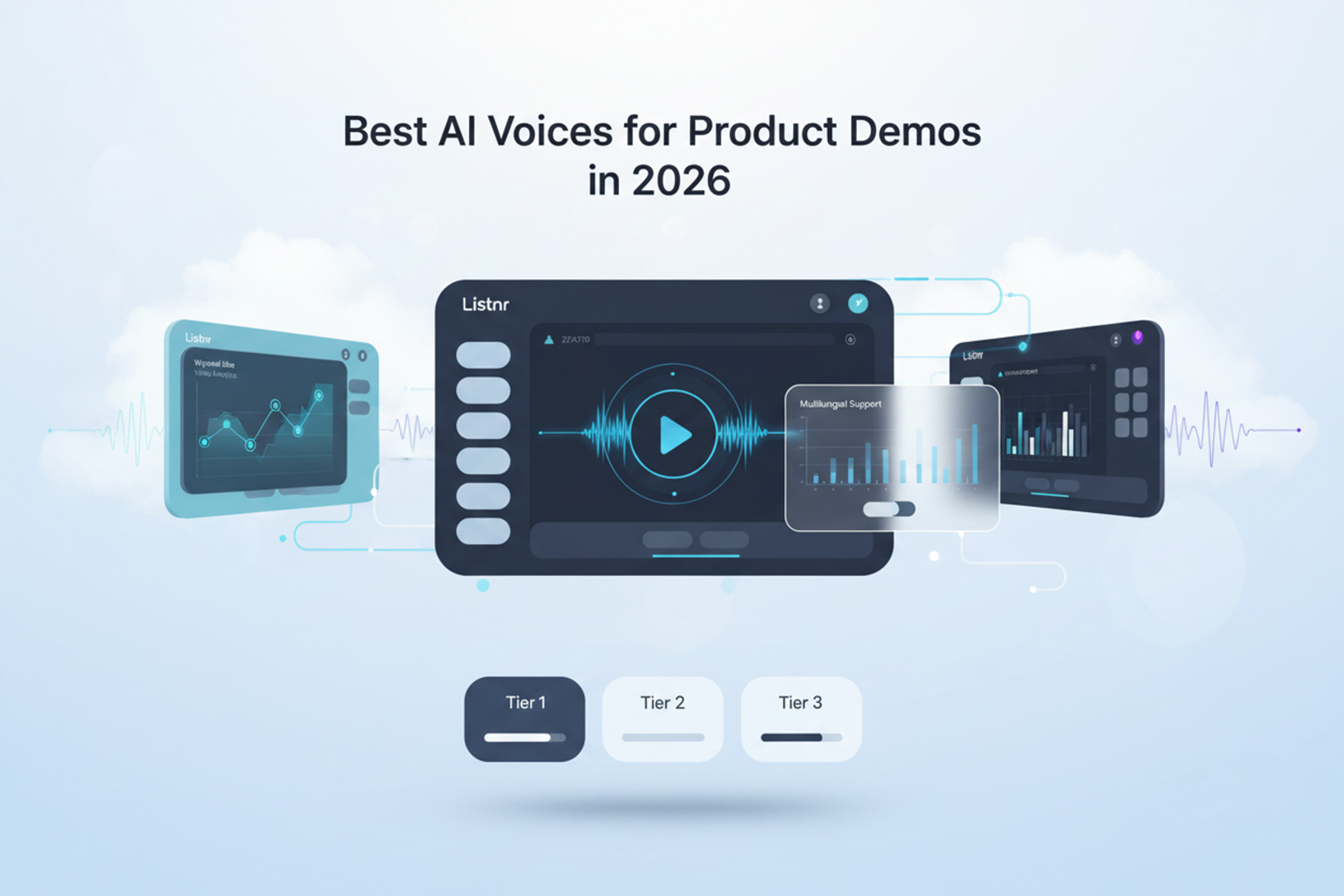 A product demo screen recording timeline with AI voice style options: clear narrator, friendly explainer, executive presenter, energetic launch, localized native voice.