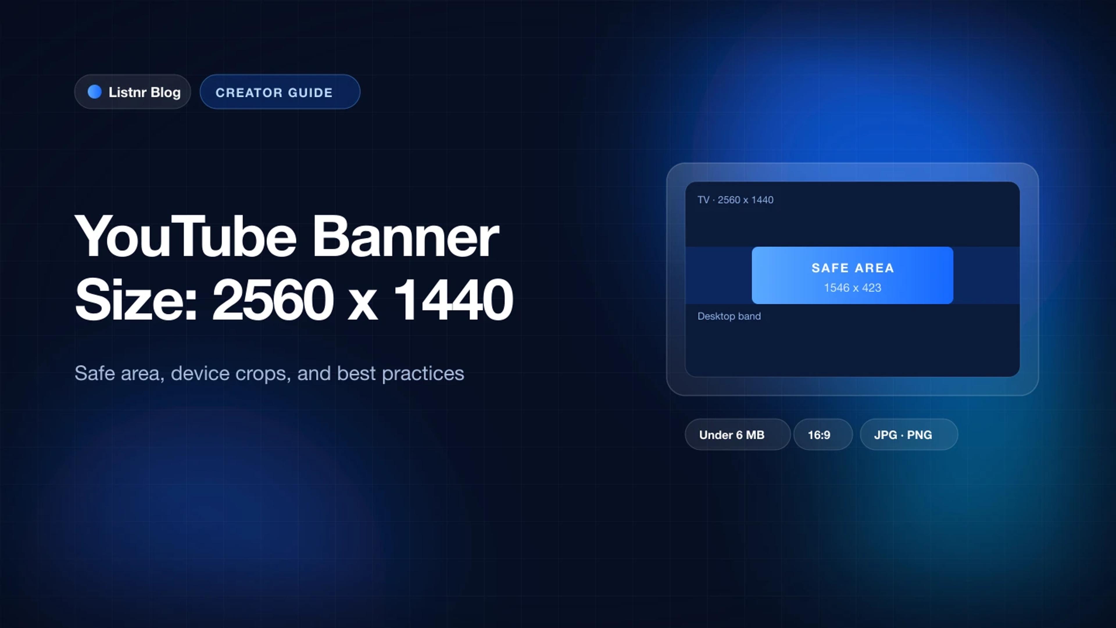 YouTube banner size guide: 2560 x 1440 with a 1546 x 423 safe area