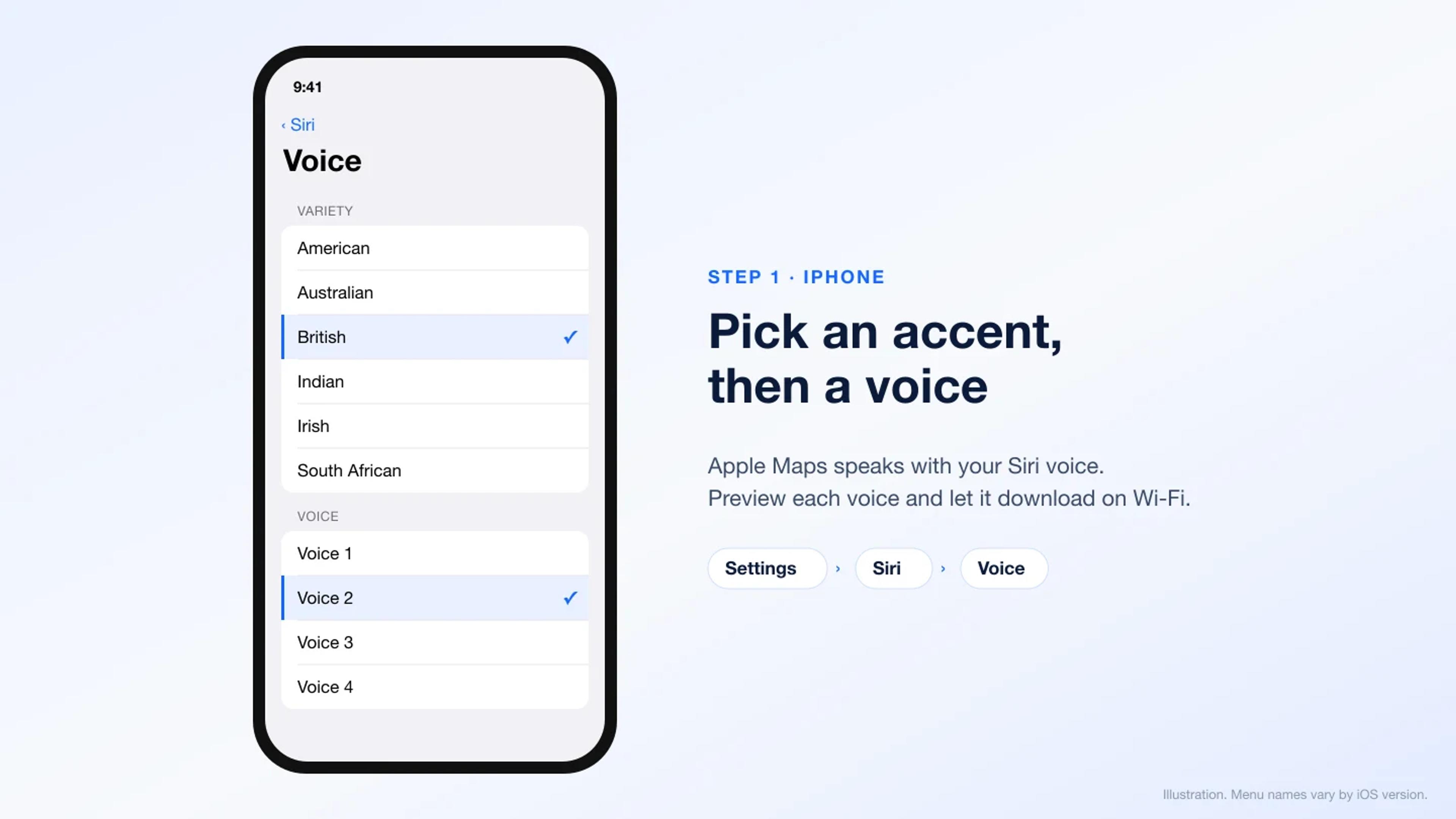 Illustration of the iPhone Siri Voice settings screen with a Variety and a Voice selected