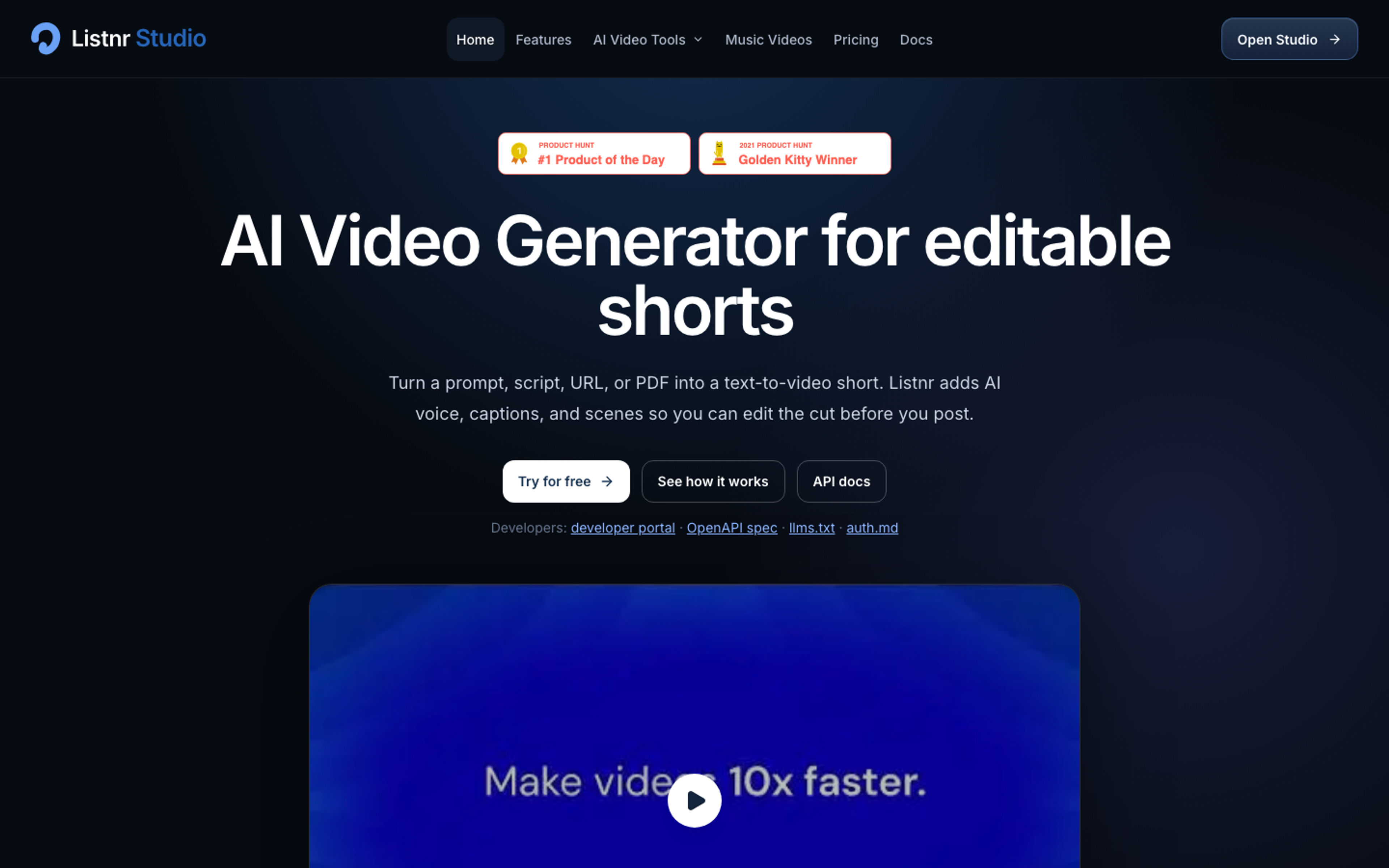 Listnr Studio homepage, AI video generator for editable shorts