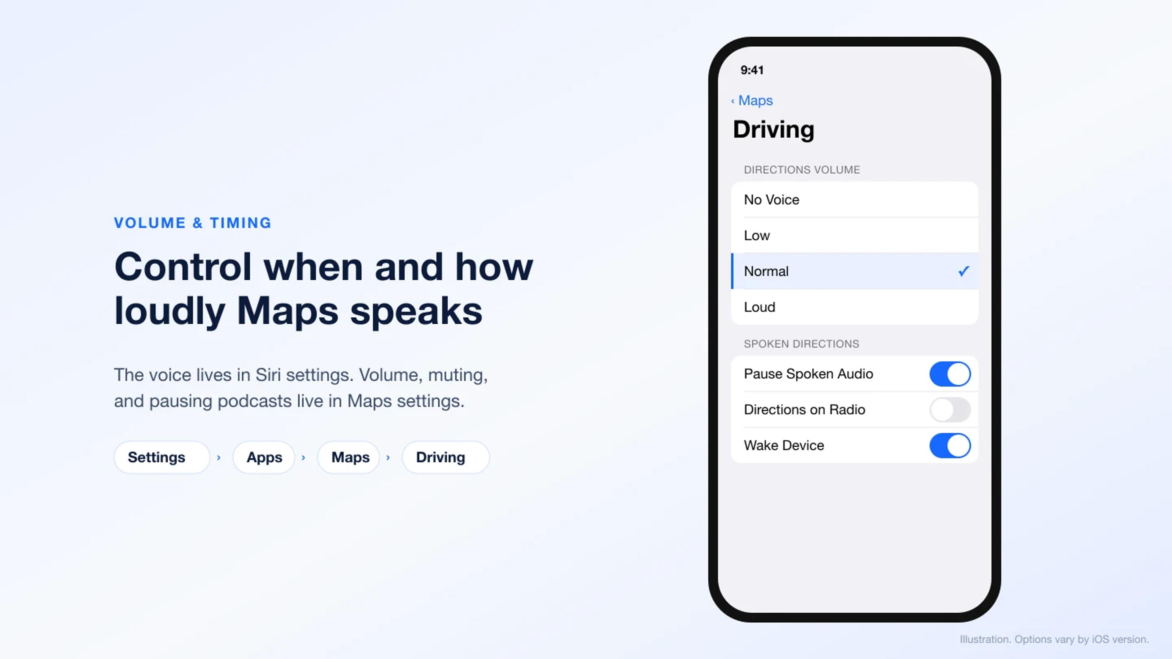 Illustration of Apple Maps Driving settings with Directions Volume and Spoken Directions options