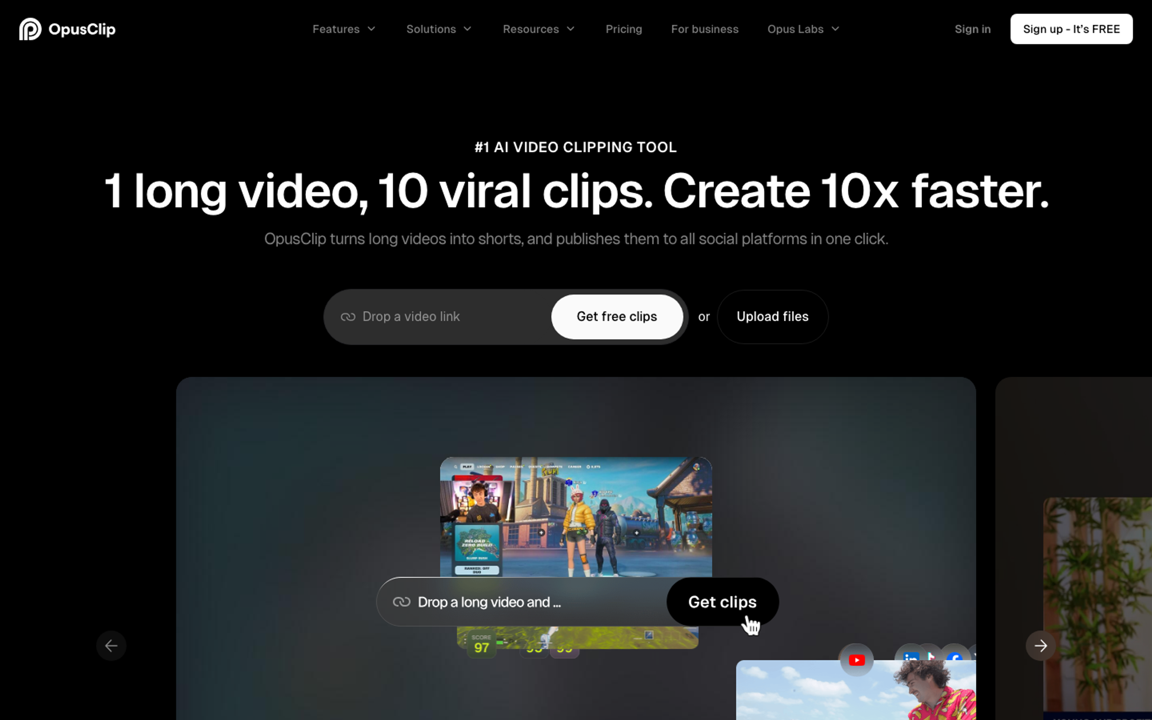 OpusClip homepage with one long video to ten viral clips pitch