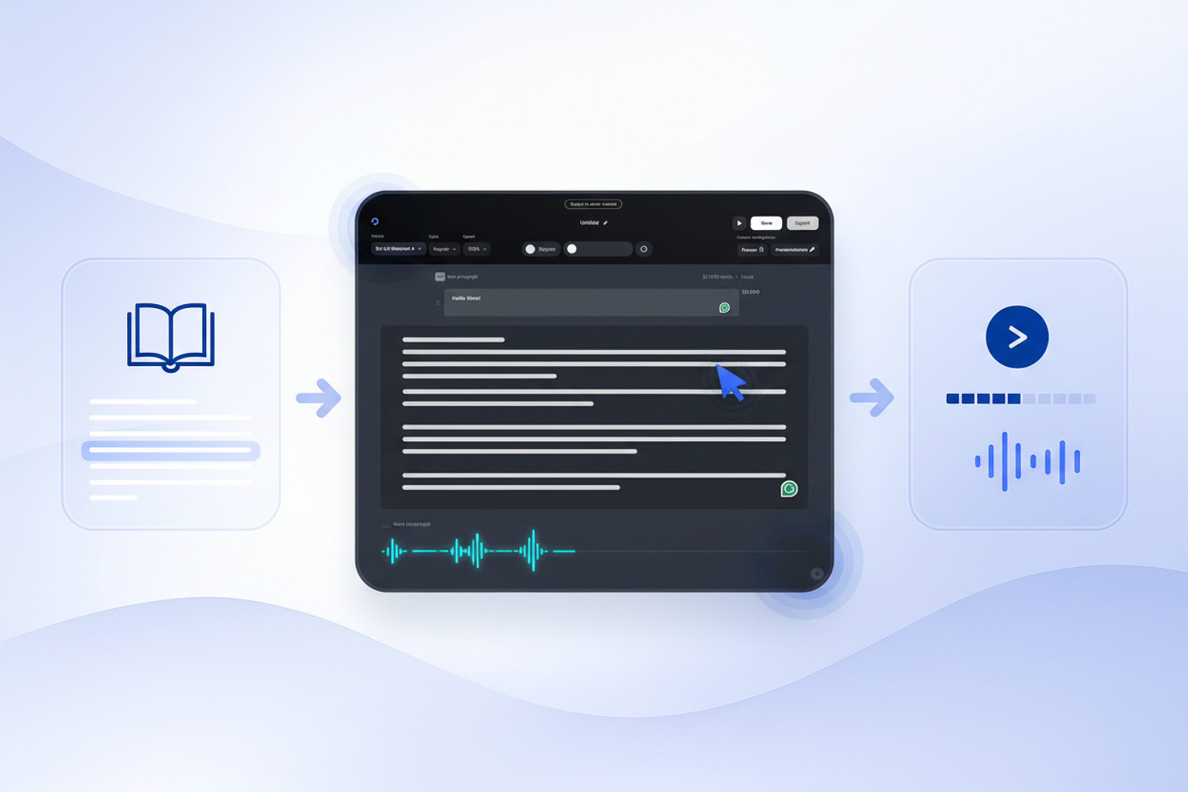 Workflow diagram showing EPUB chapter extraction, text cleanup, AI voice generation in Listnr, and review before scaling to the full audiobook