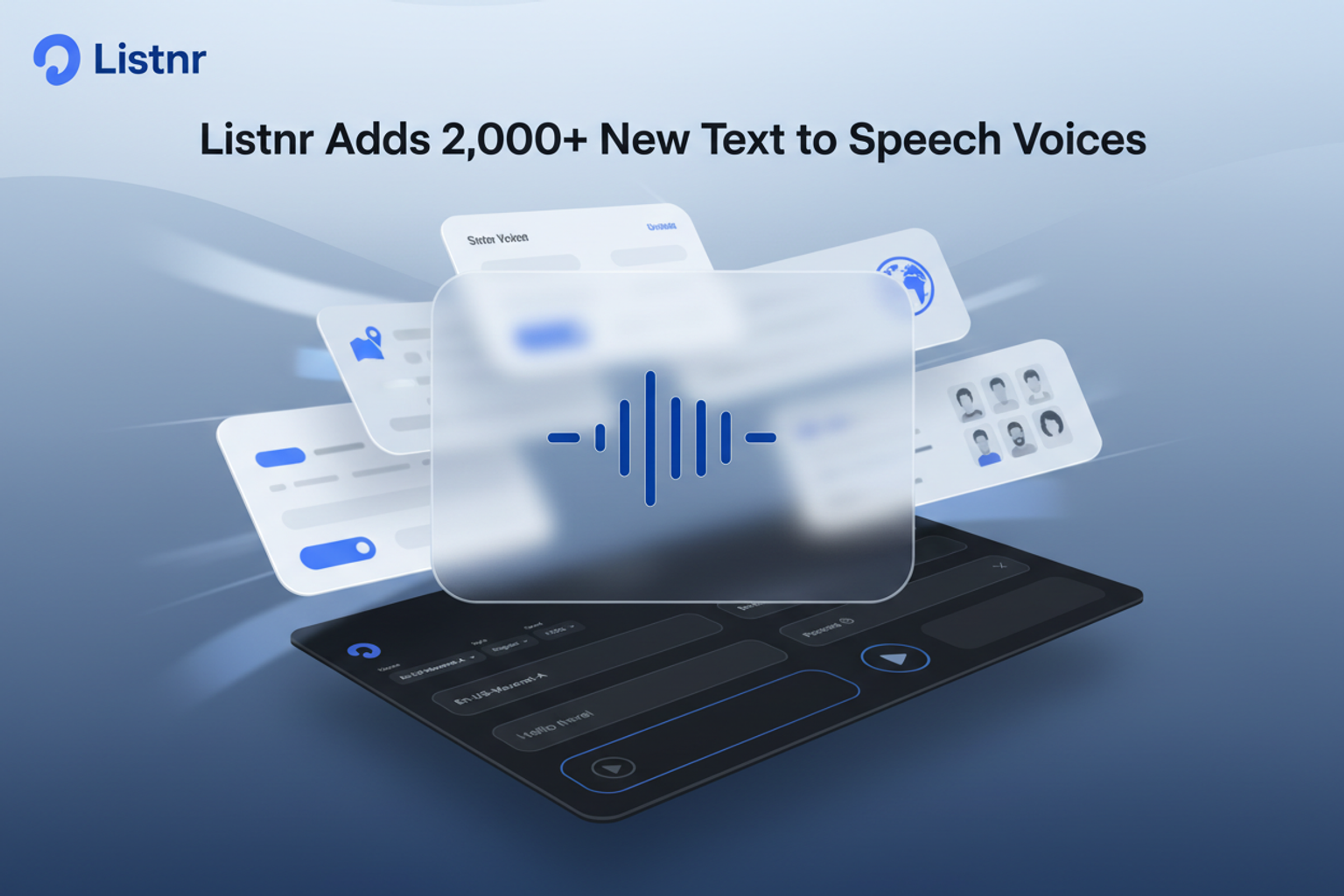Listnr interface concept showing a larger text to speech voice library with regional accent filters