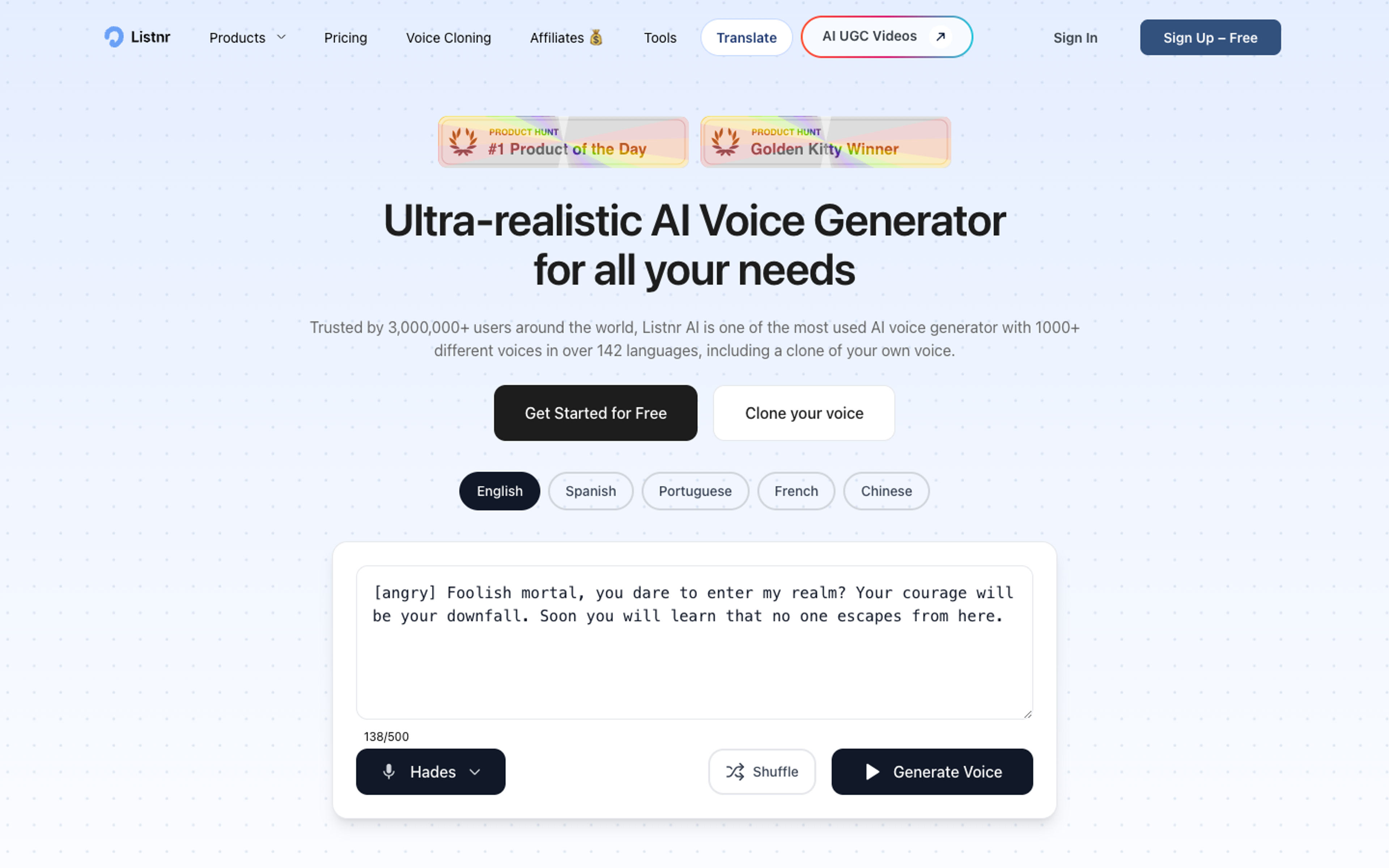 Listnr Project Workspace (Folders + Exports) homepage screenshot