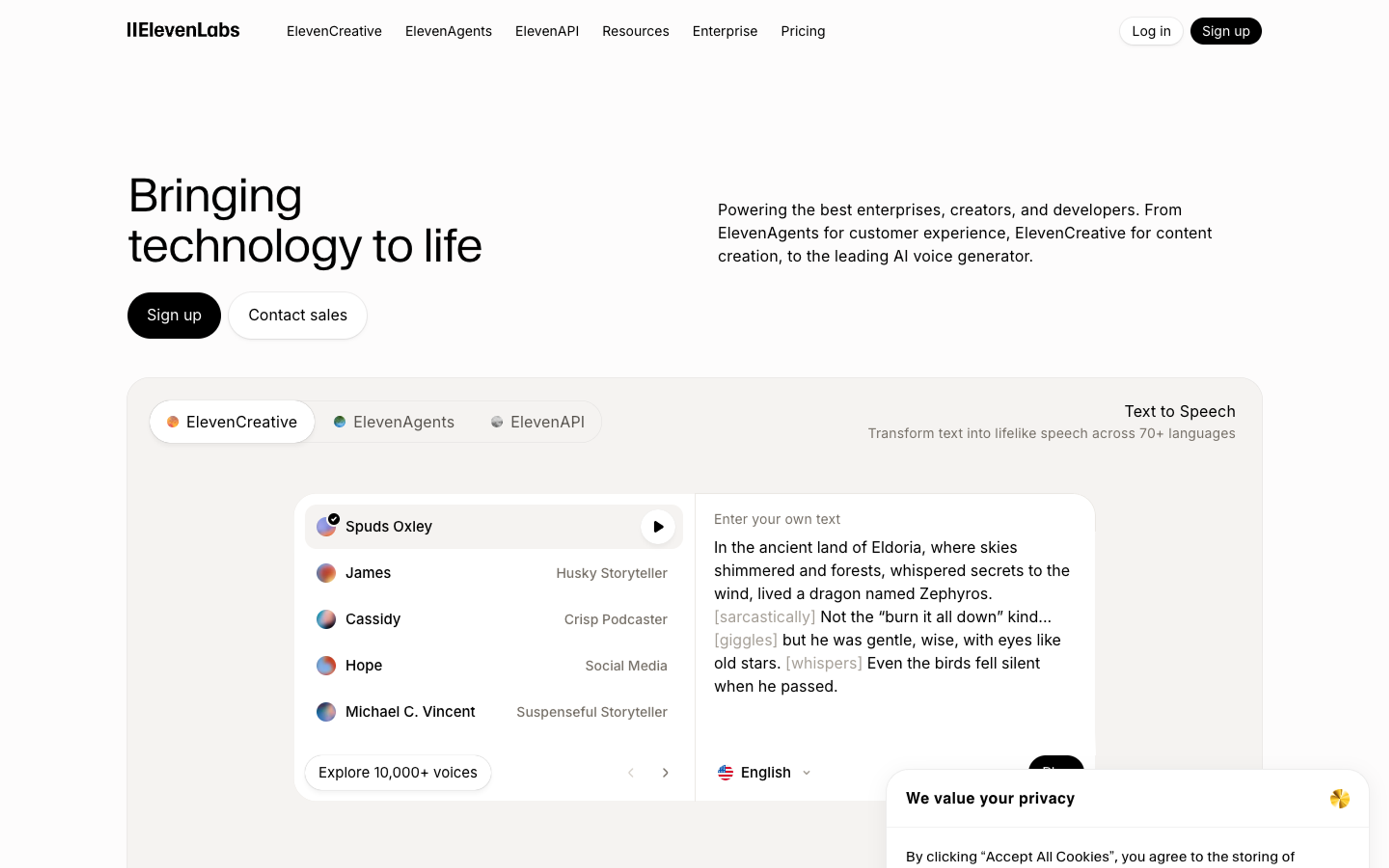 ElevenLabs Voice / TTS Interface homepage screenshot