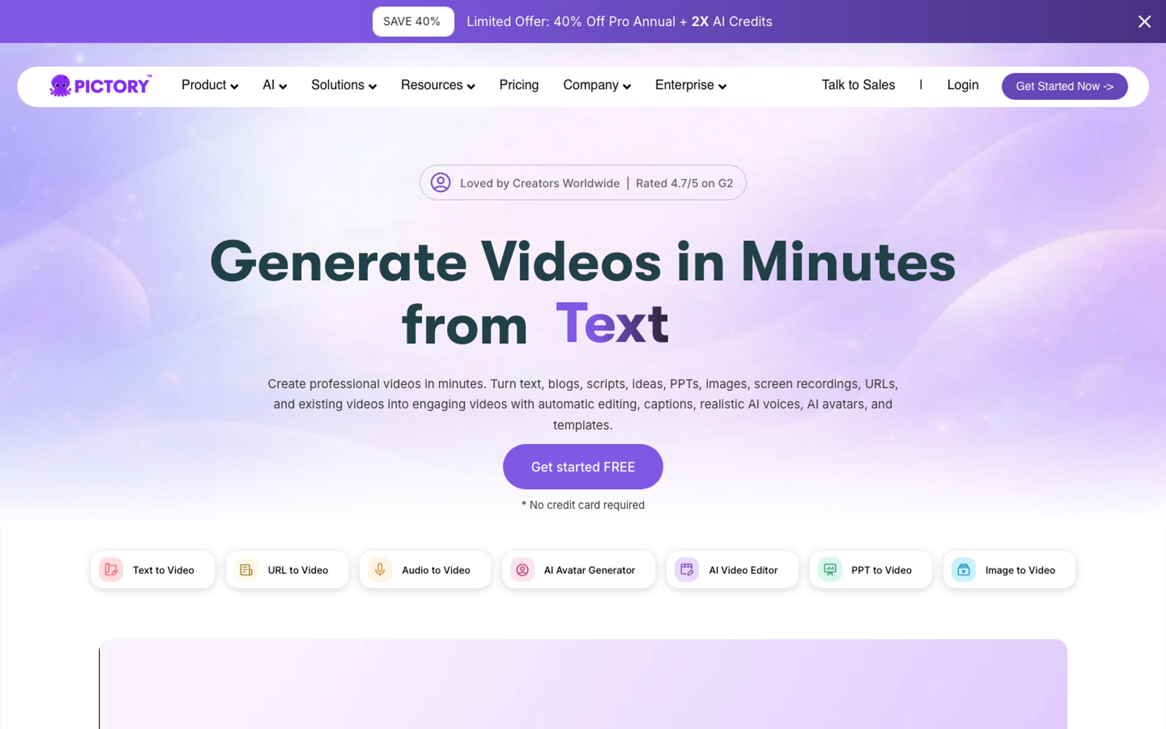 Pictory homepage with repurposing workflows