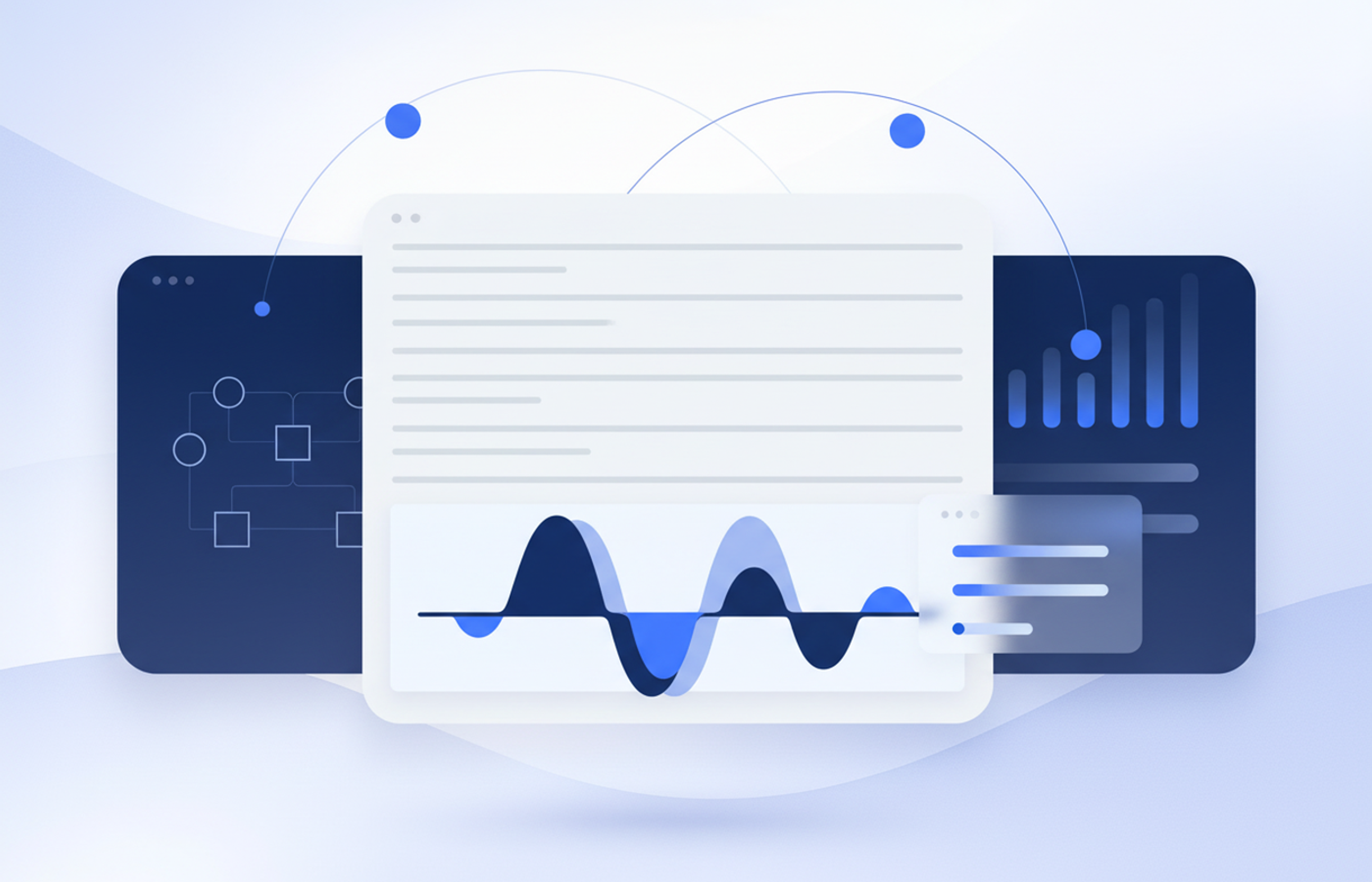 A script document turned into speech, shown as an overlapping sound waveform with a model diagram and audio levels