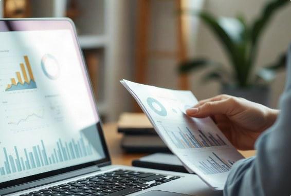 Analyst reviewing printed financial charts beside a laptop