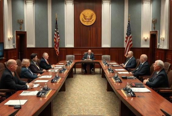 Officials seated around a long table in a government meeting chamber