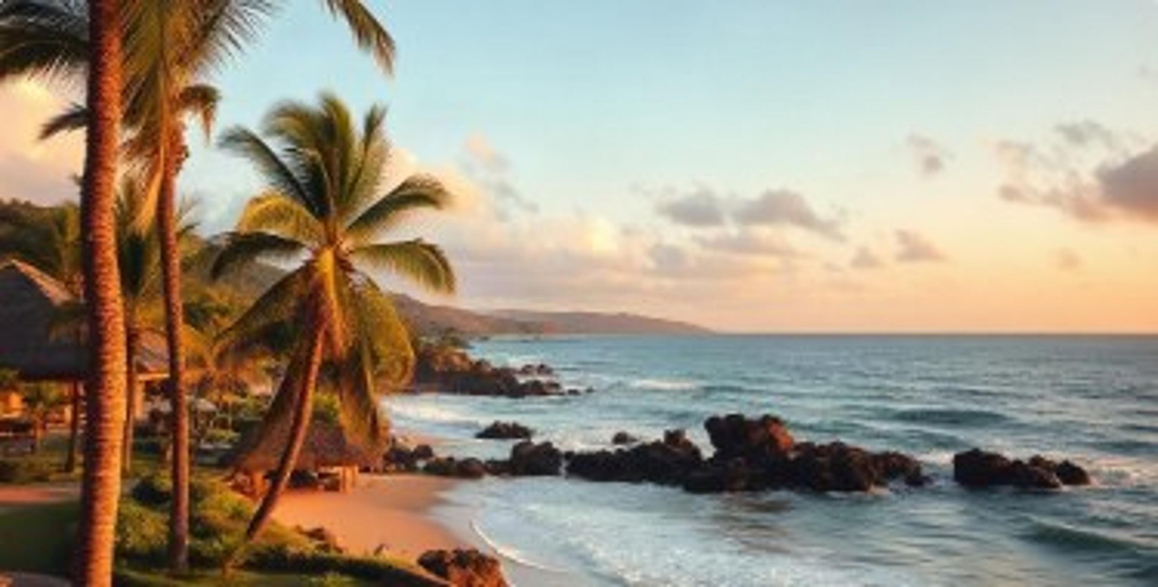 Palm trees along a tropical coastline at sunset