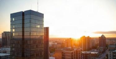 Modern high-rise buildings at sunrise