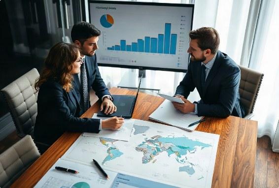 Consultants reviewing market data and a world map around a boardroom table