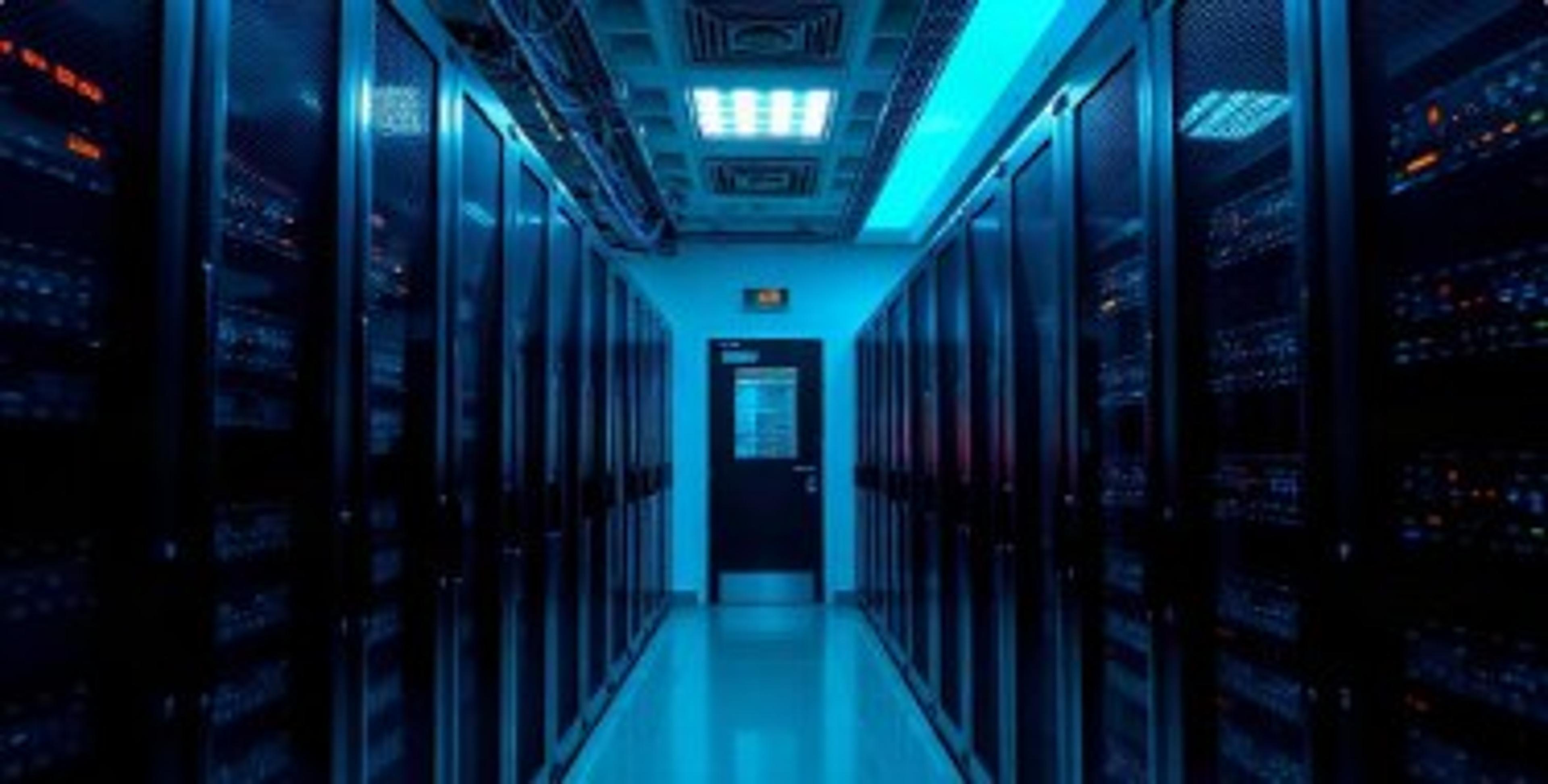 Data centre corridor lined with server racks