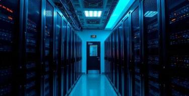 Data centre corridor lined with server racks