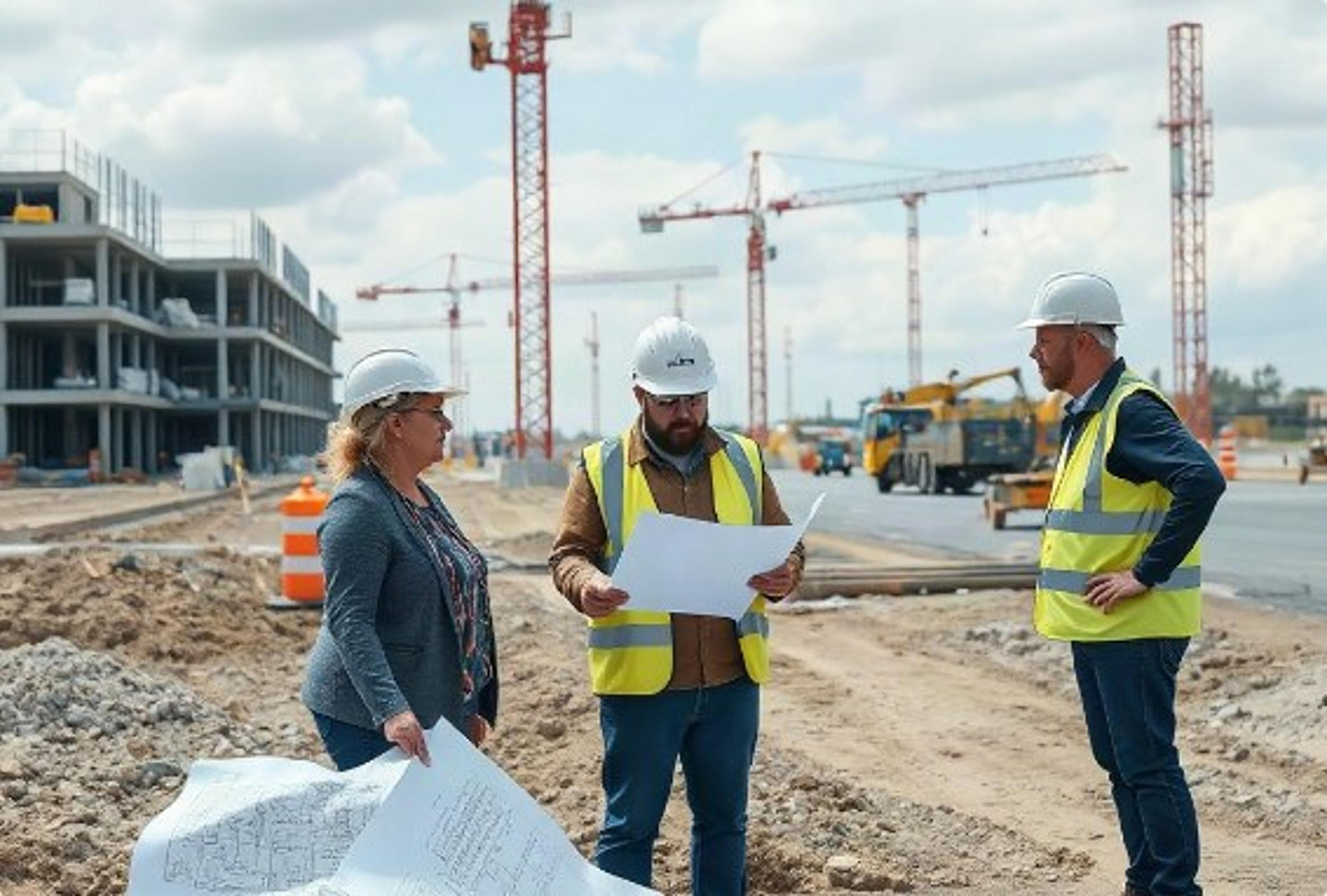 Project managers in hard hats reviewing plans on a construction site