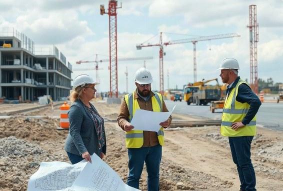 Project managers in hard hats reviewing plans on a construction site