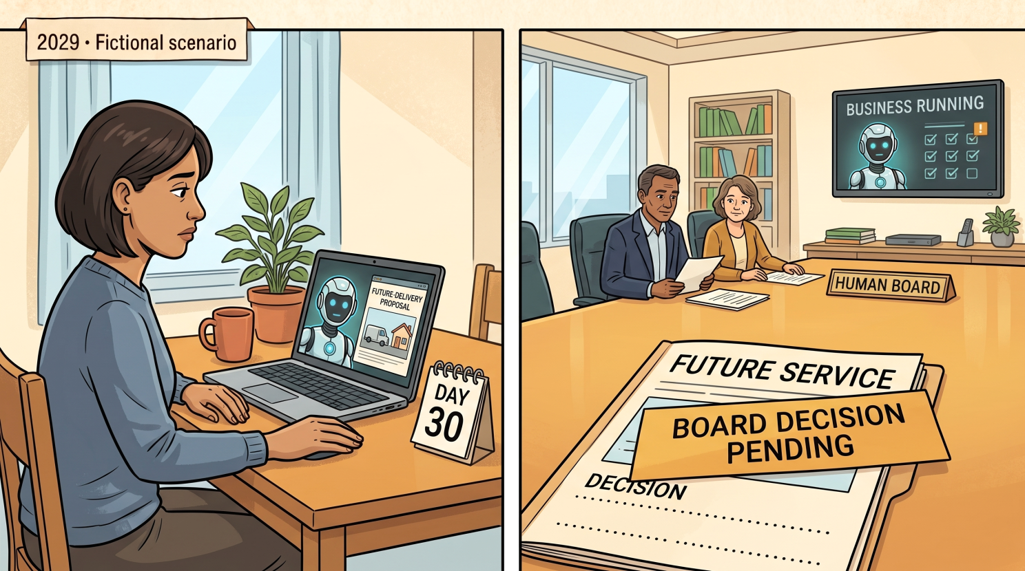 Maya waits beside a day-30 calendar, with Kit on her laptop. In a second panel, human directors sit behind a future-service proposal marked “Board decision pending”, while a screen shows business operations continuing successfully.