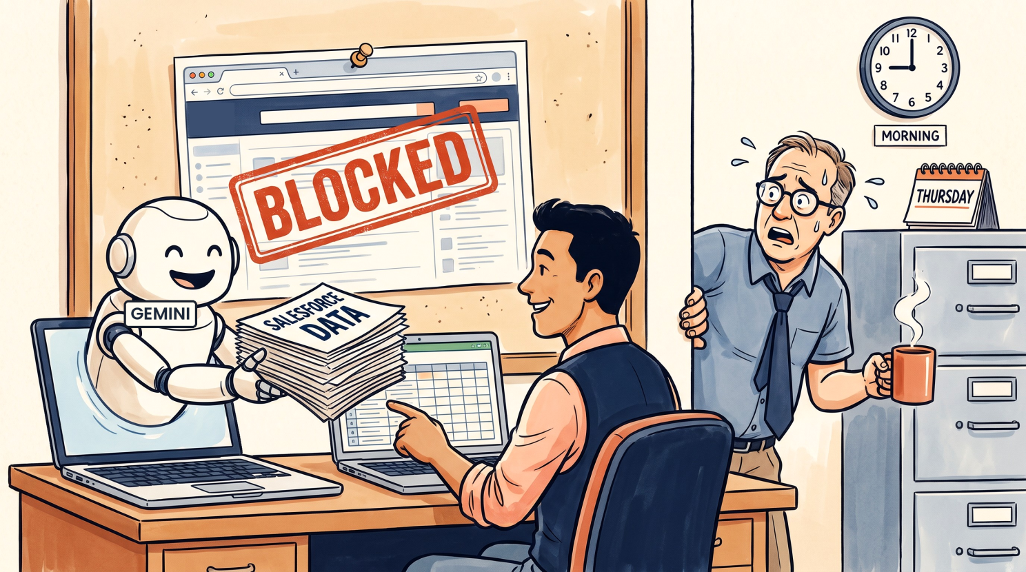 Cartoon of a robot tagged Gemini leaning out of a laptop to hand a stack labeled Salesforce Data to a smiling employee, under a pinned screenshot stamped Blocked, while the IT admin peers around a filing cabinet in shock.