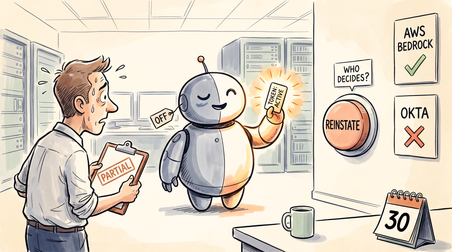 Cartoon of a robot half switched off, one side grey and asleep, the other hand still holding up a card reading "TOKEN: ACTIVE." A stressed engineer holds a clipboard stamped "PARTIAL," wall panels show AWS Bedrock with a check and Okta with a cross, and a "REINSTATE" button sits beside a sign asking "WHO DECIDES?"