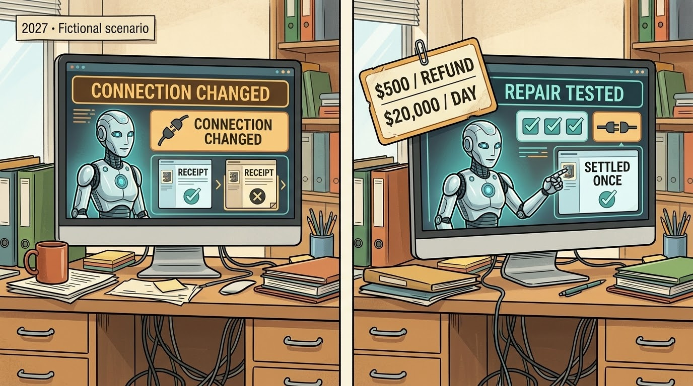 Two panels show Kit inside a computer display comparing settlement evidence after a connection change, then presenting a tested repair and one settled receipt. A fixed permission card retains the $500 refund and $20,000 daily limits.
